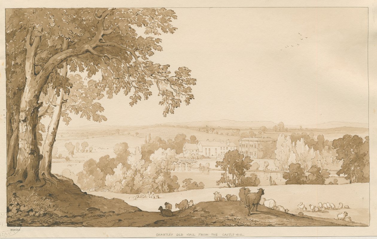 Chartley Hall: seepiapiirustus, 1837 tekijältä Thomas Peploe Wood