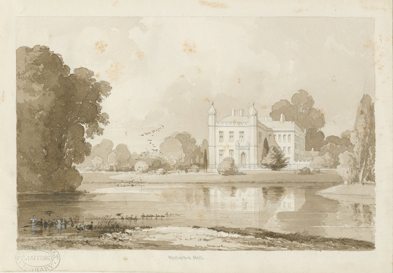 Hatherton Hall: seepiapiirustus, 1843 tekijältä Thomas Peploe Wood