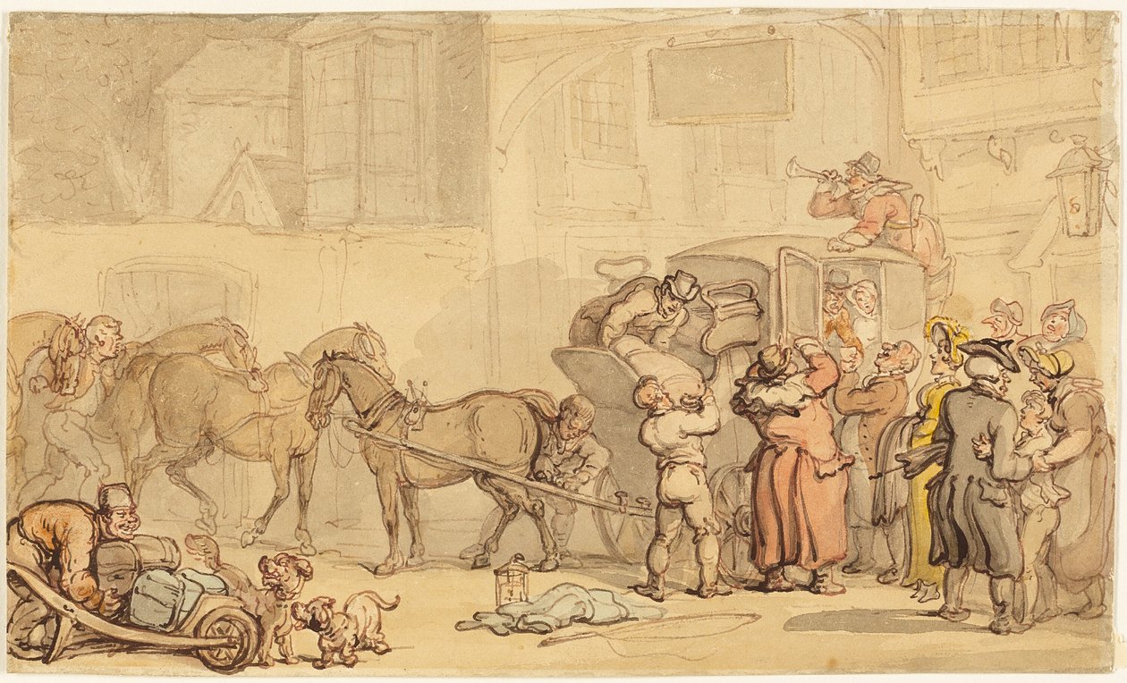 Valmentaja vaihtaa hevosia tekijältä Thomas Rowlandson