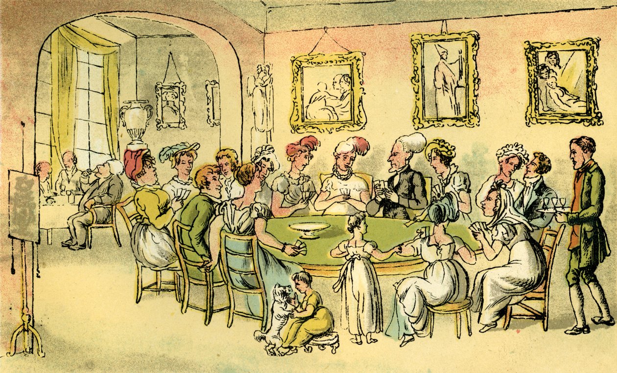 "Tohtori syntaksi korttijuhlissa" tekijältä Thomas Rowlandson