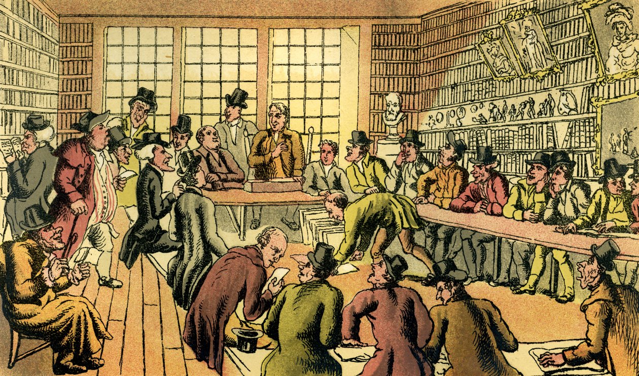 "Dr Syntax at a auction" tekijältä Thomas Rowlandson