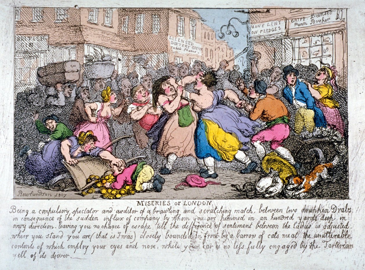 "Lontoon kärsimykset", 1807 tekijältä Thomas Rowlandson