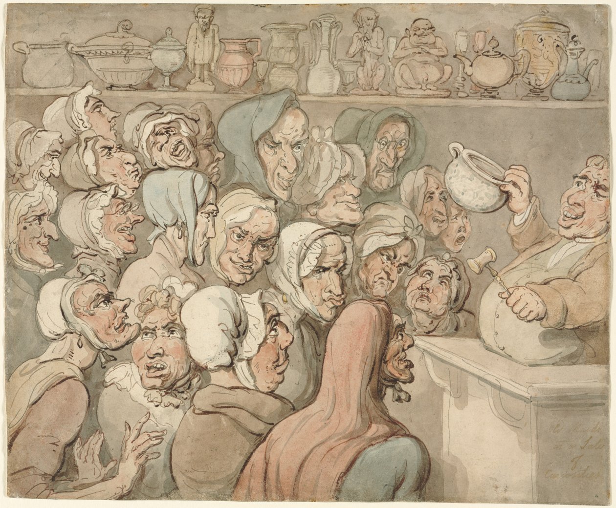Vanhat piiat uteliaisuusmyynnissä. tekijältä Thomas Rowlandson
