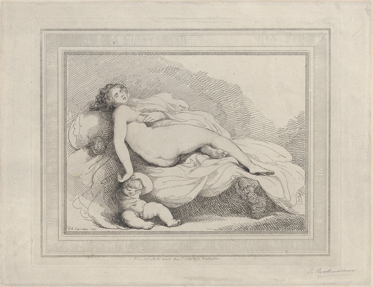 Nukkuva Venus ja rakkaus, 1799, 1799. tekijältä Thomas Rowlandson