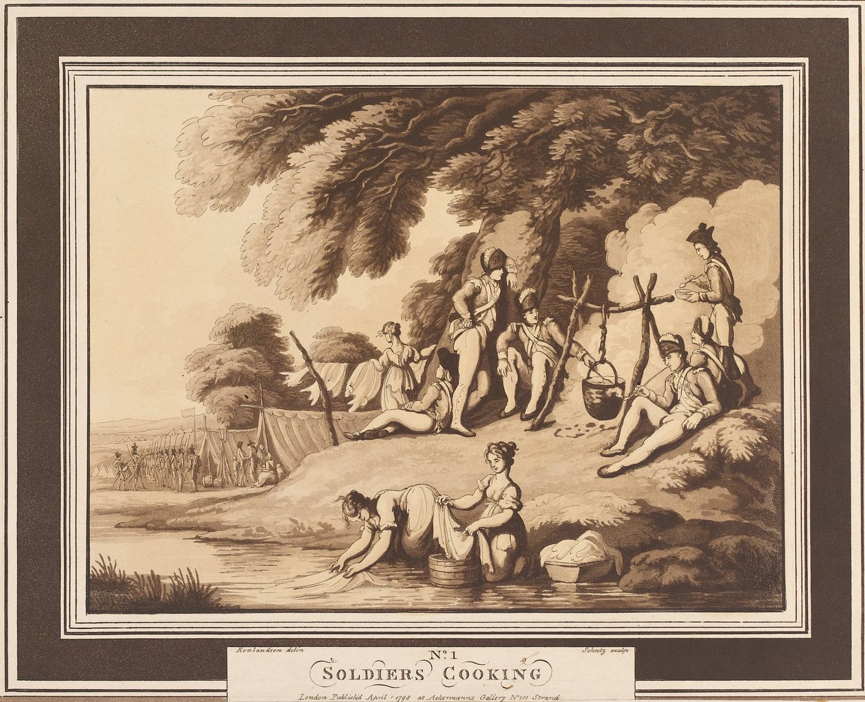 "Soldiers Cooking", n. 1798 (akvatinta, seepia) tekijältä Thomas Rowlandson