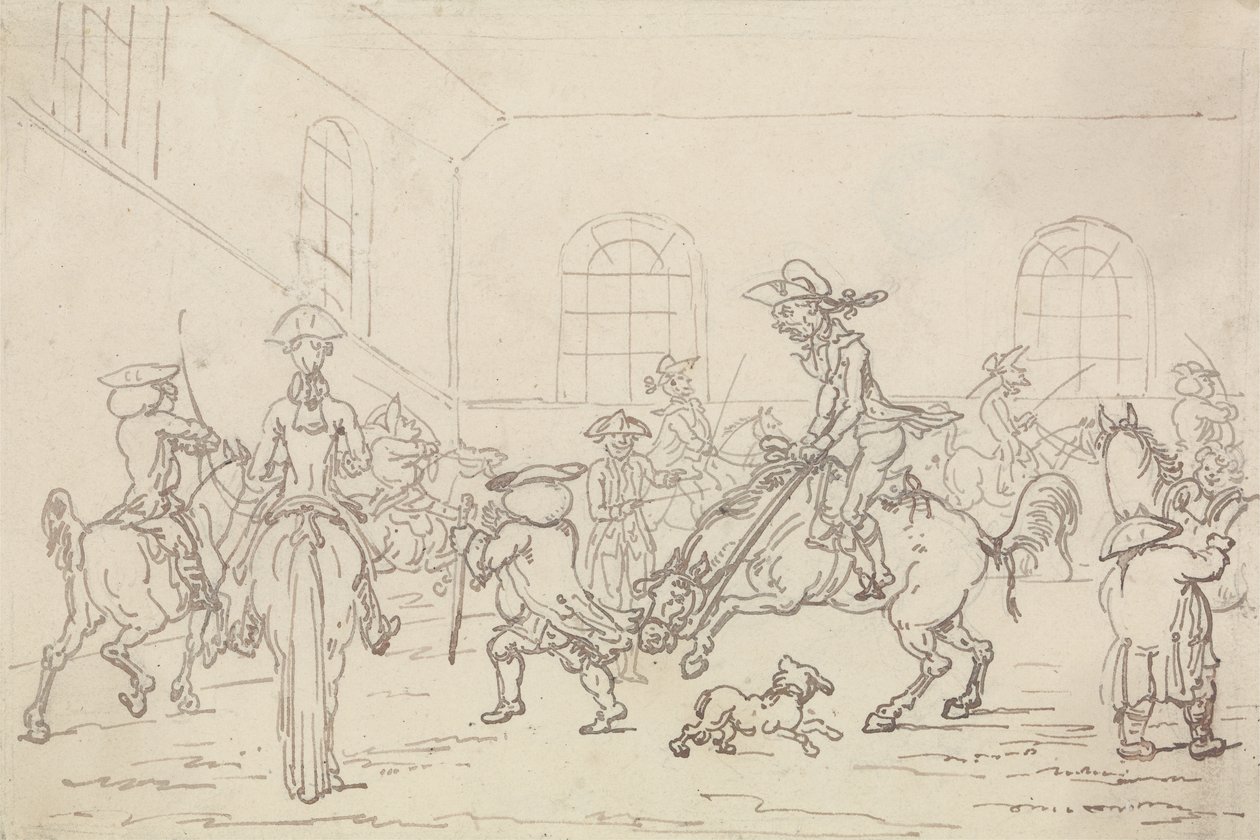 Ratsastuskoulu (kynä ja muste paperille) tekijältä Thomas Rowlandson