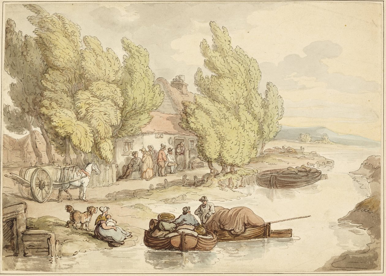 Kylä joen rannalla tekijältä Thomas Rowlandson