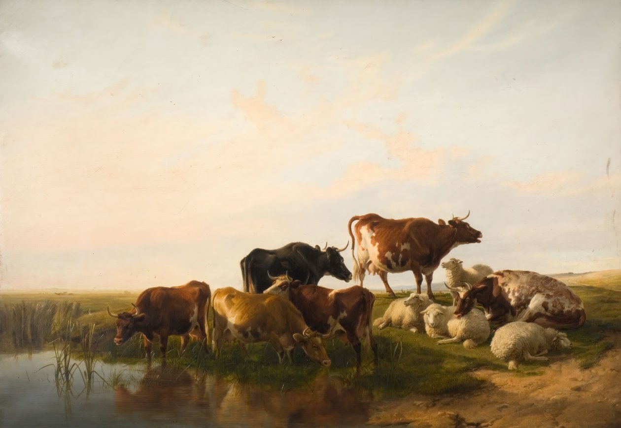 Maisema karjan ja lampaiden kanssa, 1872. tekijältä Thomas Sidney Cooper