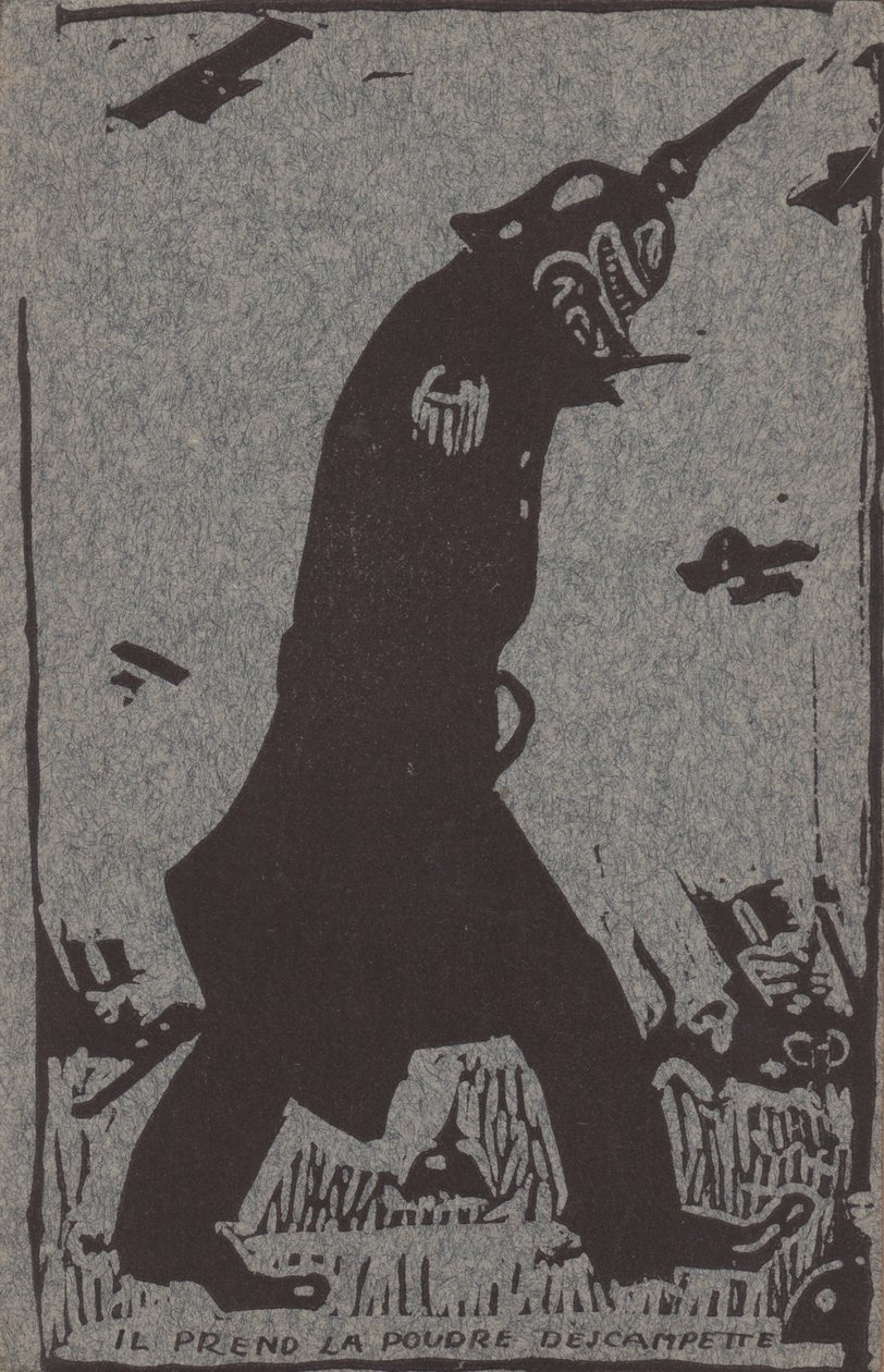 Hän ottaa ampetin jauheen (puupiirros harmaalle paperille) tekijältä Théophile Alexandre Steinlen