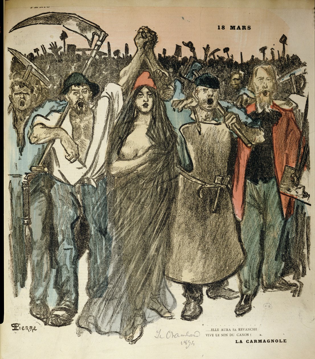 "La Carmagnole", Ranskan vallankumouksen isänmaallinen laulu, teoksesta "Le Chambard Socialiste", 1894. tekijältä Théophile Alexandre Steinlen