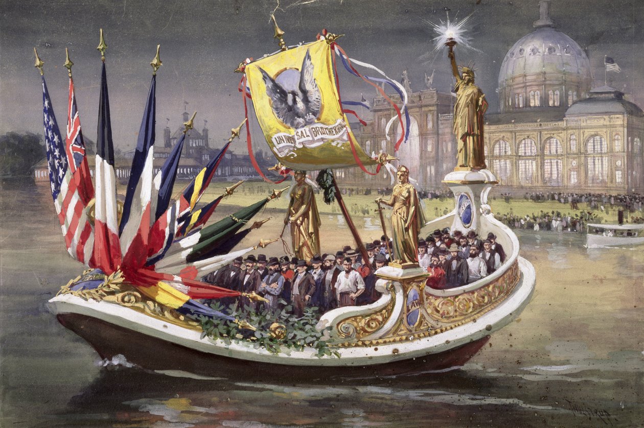 Universal Brotherhood -proomu Worlds Columbian Exposition -näyttelyssä Chicagossa, 1893 tekijältä Thure de Thulstrup