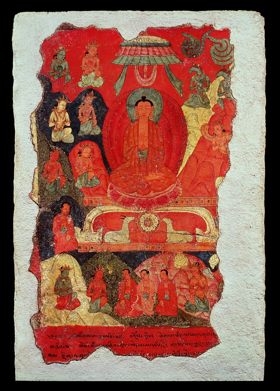 Buddhan ensimmäinen saarna (seinämaalaus) tekijältä Tibetan School