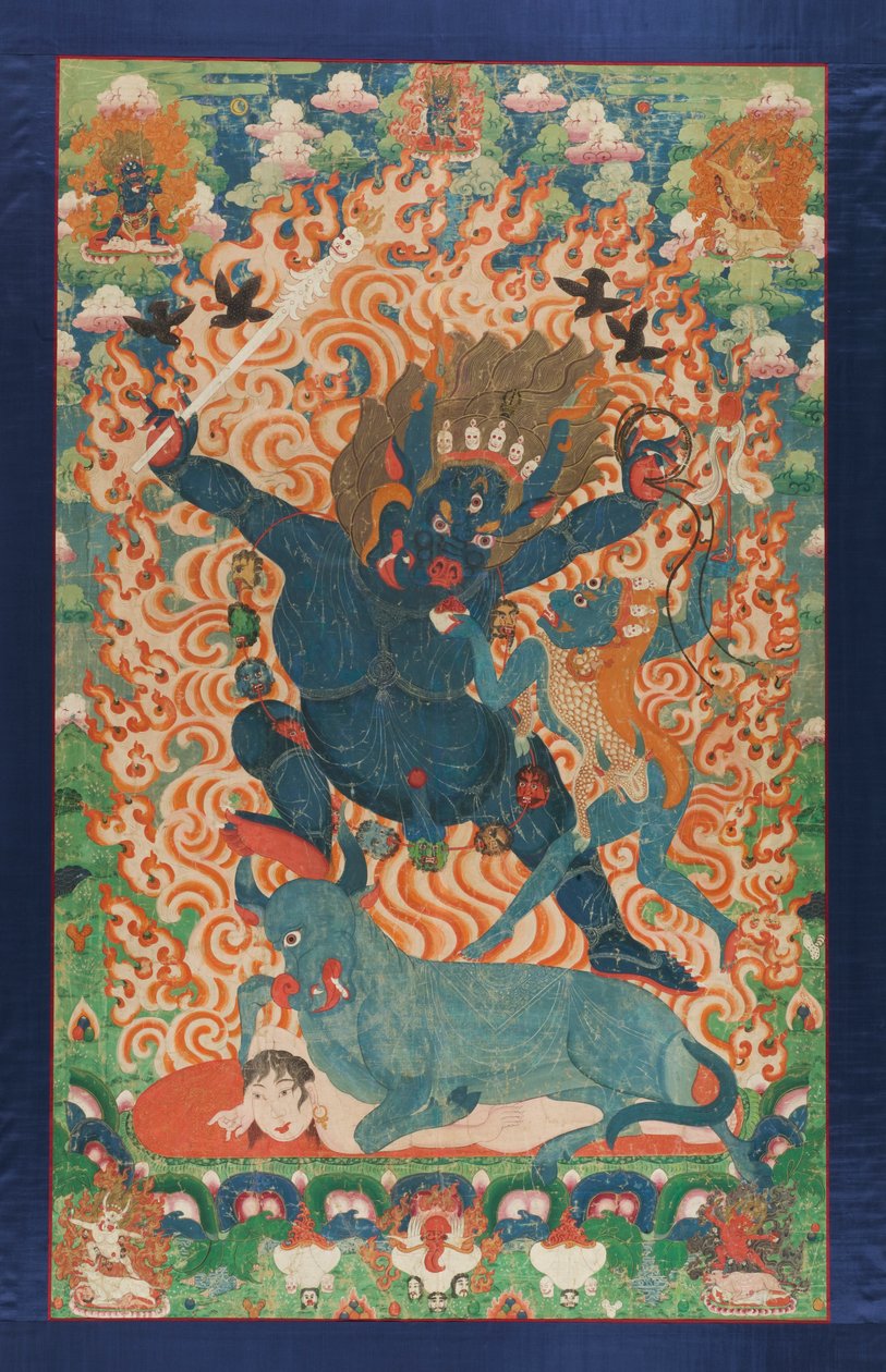Yama ja Yami, n. 1700 (mineraalipigmentit ja kulta puuvillakankaalla) tekijältä Tibetan School