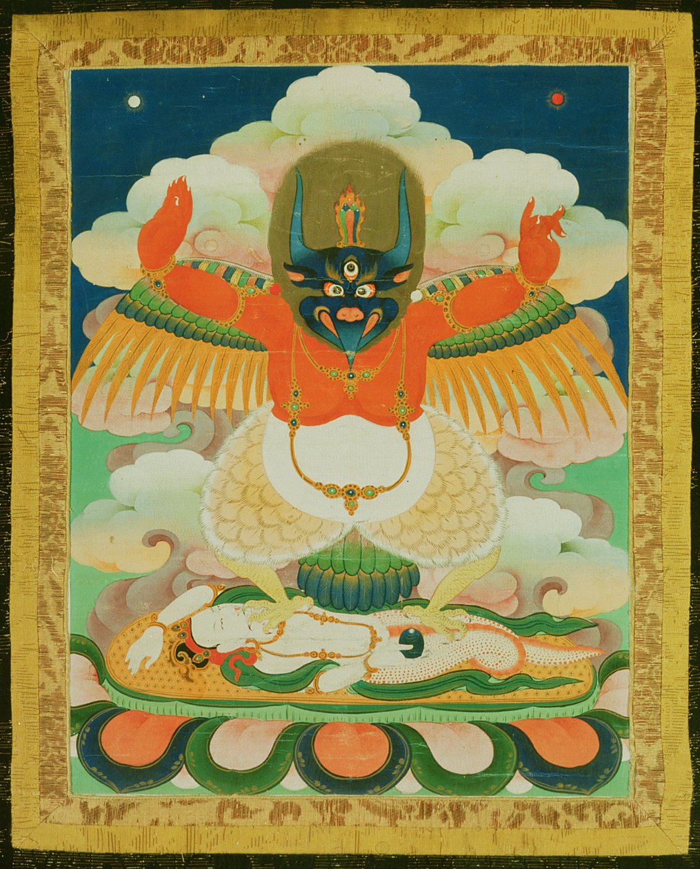 Thangka-maalaus, jossa Garuda tallaa kuolevaa nagadia (kangasta) tekijältä Tibetan School