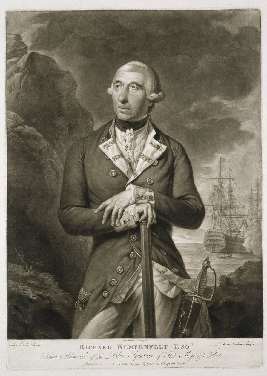 Muotokuva Richard Kempenfeltistä (1718-82) Sinisen kontra-amiraalista, kaiverrus Richard Earlom (1743-1822) pub. kirjoittanut John Boydell (1719-1804) 1782 tekijältä Tilly Kettle