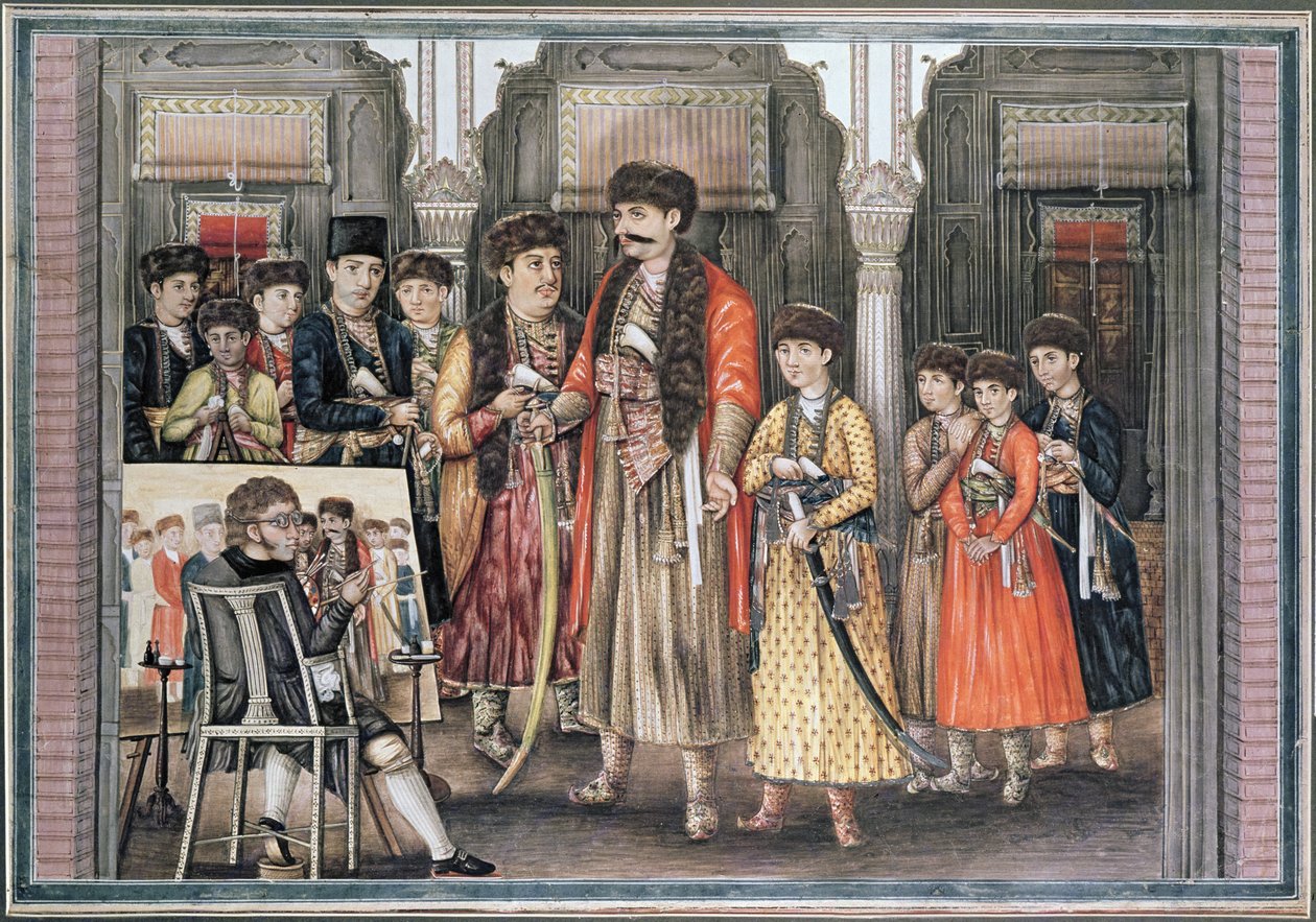 Shuja ud-daula, Nawab of Oudh (1754-75) ja hänen kymmenen poikansa, kaiverrus P. Renault, 1796 (värillinen akvatinta) tekijältä Tilly Kettle