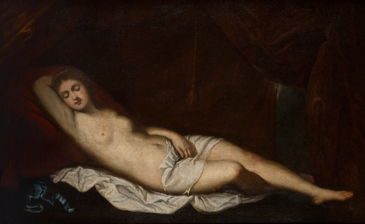 Sleeping Venus, n. 1510-76 (öljy kankaalle) tekijältä Titian (c.1488 1576) (after)