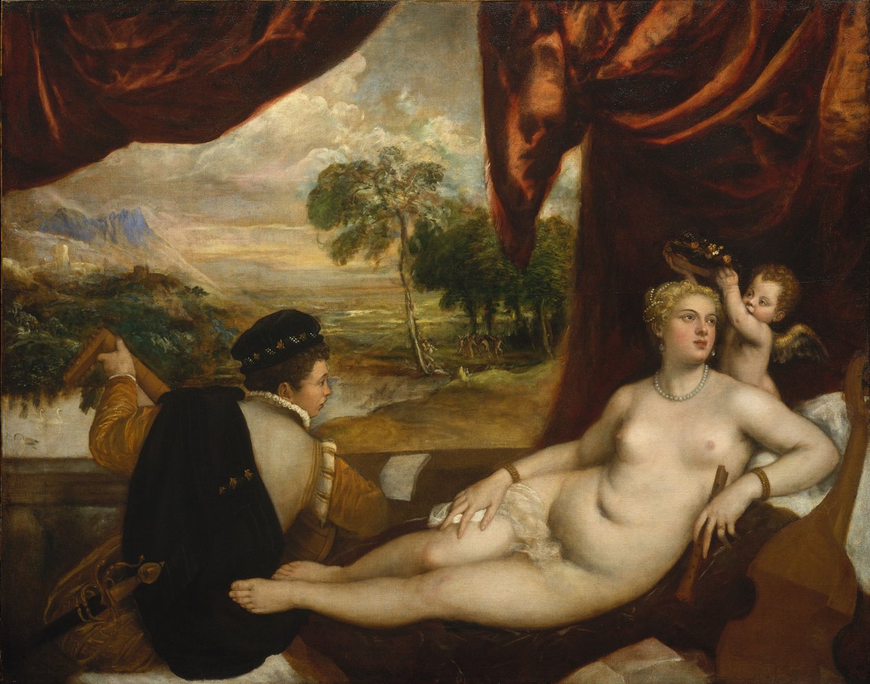 Venus ja huilunsoittaja, n.1565-70 tekijältä Tiziano Vecelli