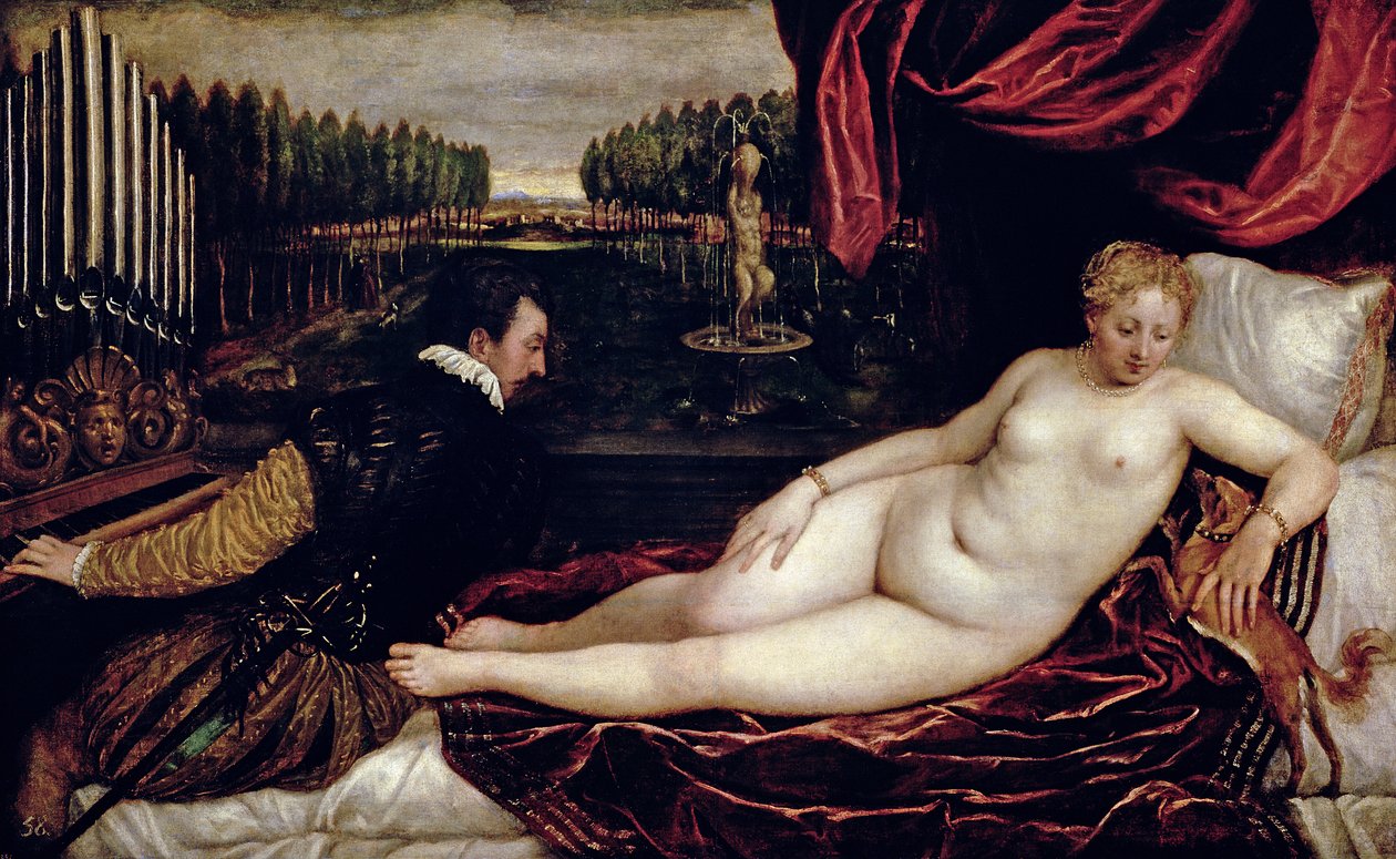 Venus ja urkuri, n. 1540-50 tekijältä Tiziano Vecelli