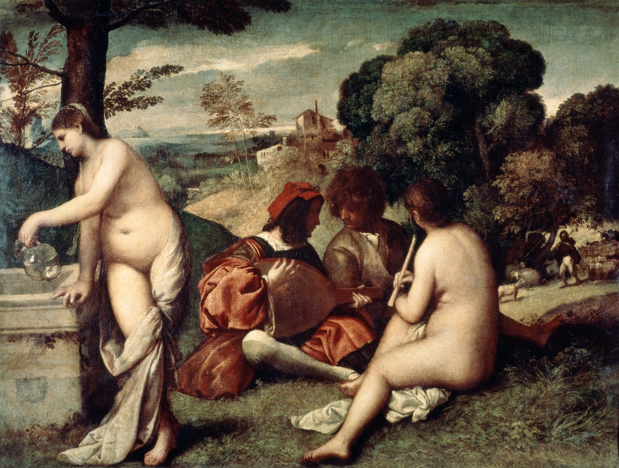 Concert champetre, Pastoraalikonsertti, c1510-1511 tekijältä Tiziano Vecelli