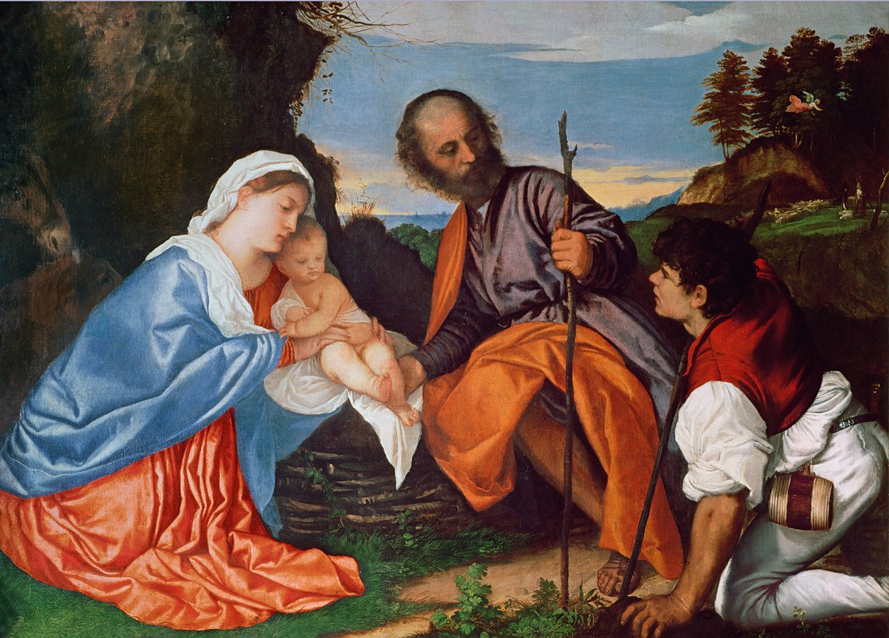 Pyhä perhe ja paimen, n. 1510 tekijältä Tiziano Vecelli