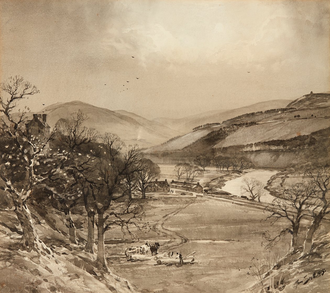 Ettrick Valley lähellä Selkirk (grisaille) tekijältä Tom Scott