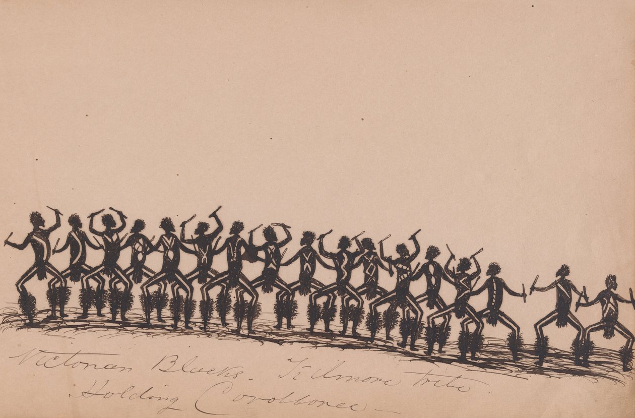 Kwatkwat -ihmiset - viktoriaaniset mustat - Kilmore -heimo, jolla on korroboree -Sketchbook of Aboriginal activities tekijältä Tommy McRae