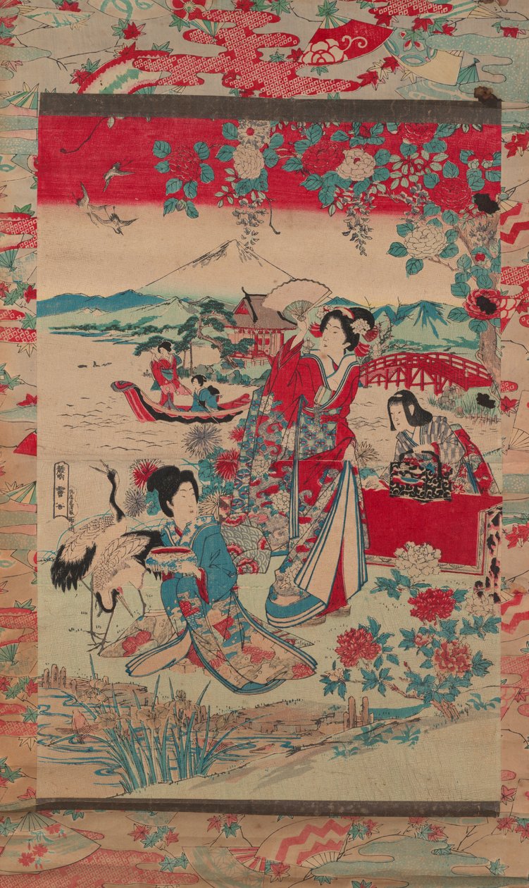 Geishat maisemassa, n. 1870-1880 (värillinen puupainatus) tekijältä Torakiyo Sato Torakiyo Sato