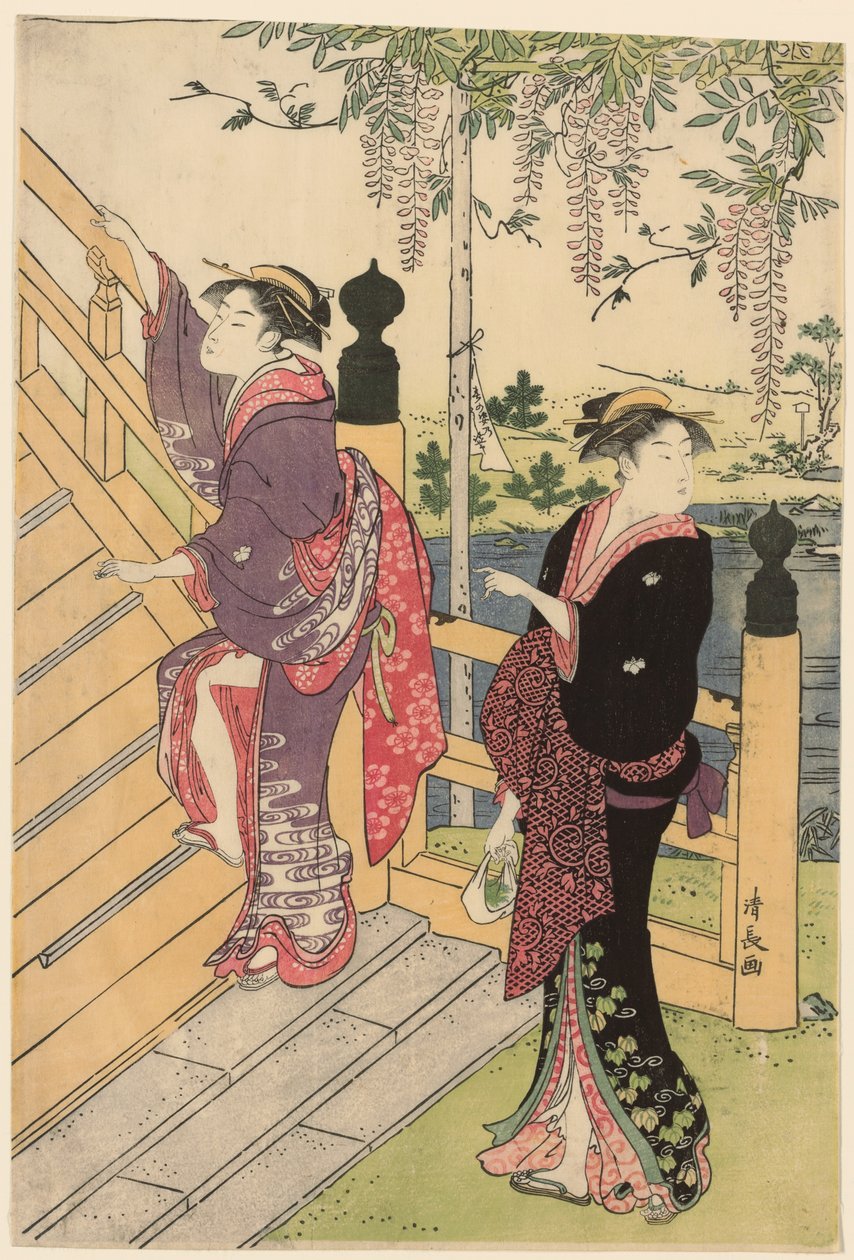 Wisteriaa ihailemassa Kameidon pyhäkössä tekijältä Torii Kiyonaga