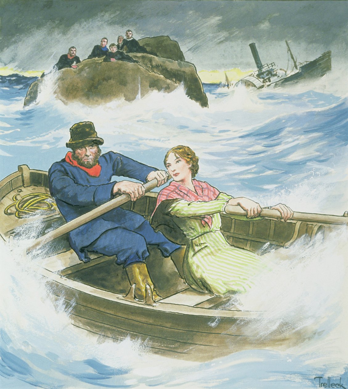 Grace Darling (1815-41) ja hänen isänsä pelastamassa haaksirikkoutuneen höyrylaiva Forfarshiren eloonjääneitä, 7. syyskuuta 1838, lähteestä "Kurkistuksia menneisyyteen", julkaistu noin vuonna 1900. tekijältä Trelleek