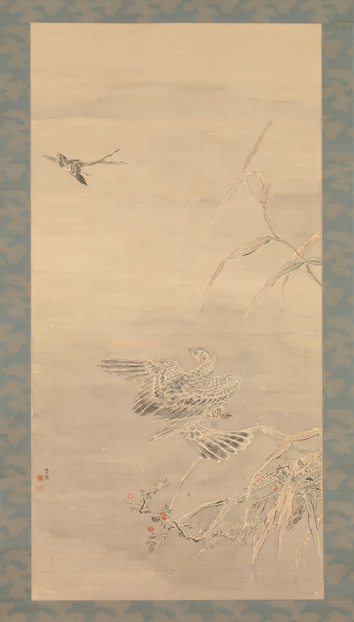 Haukka tarttumassa pieneen lintuun, 1800-luku. tekijältä Tsubaki Chinzan