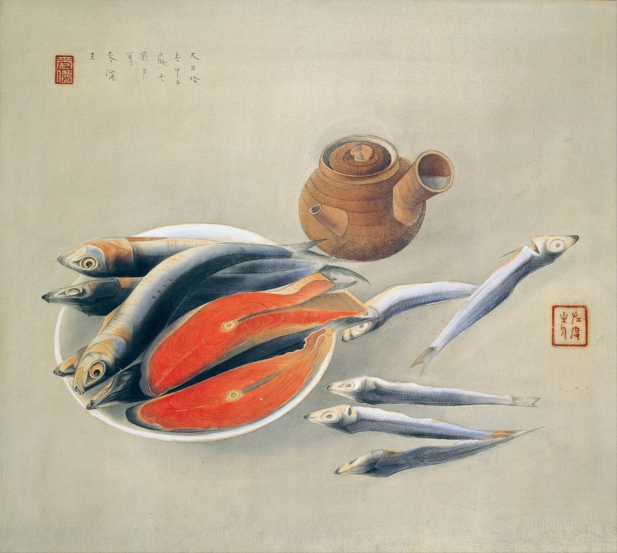 Asetelma. Lohiviipaleet ja sardiinit, 1924 tekijältä Tsuchida Bakusen