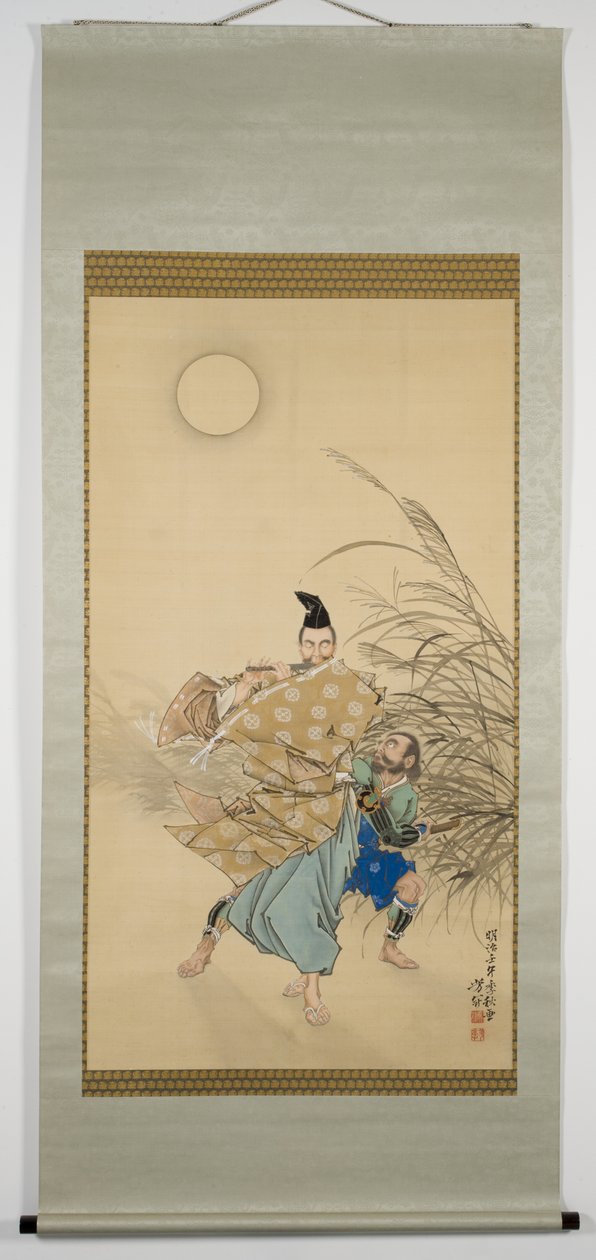 Fujiwara no Yasumasa soittaa huilua Moonlightissa, myöhään syksy, 1882 (muste, väri, lakka, hopea ja kulta silkillä) tekijältä Tsukioka Yoshitoshi