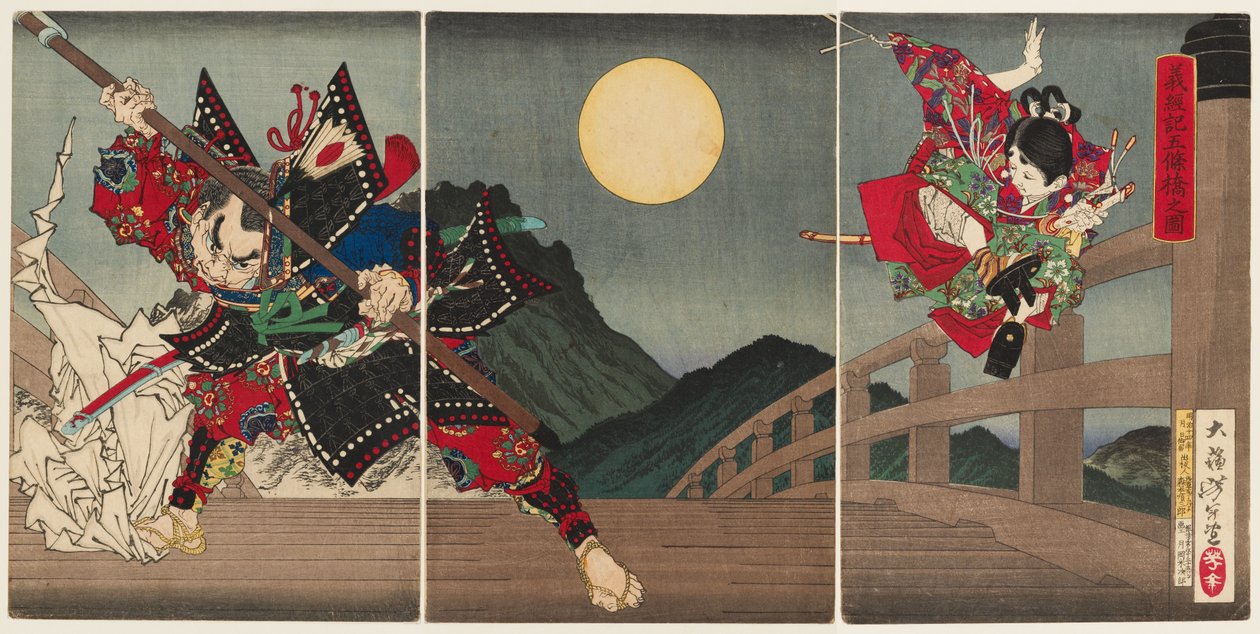 Yoshitsune ja Benkei Gojōn sillalla tekijältä Tsukioka Yoshitoshi