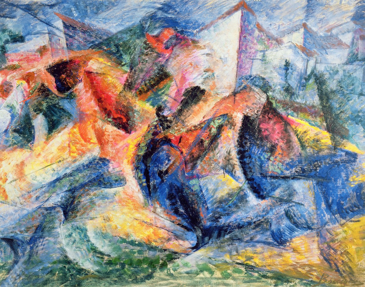 Hevonen ja ratsastaja ja rakennukset, 1914 tekijältä Umberto Boccioni