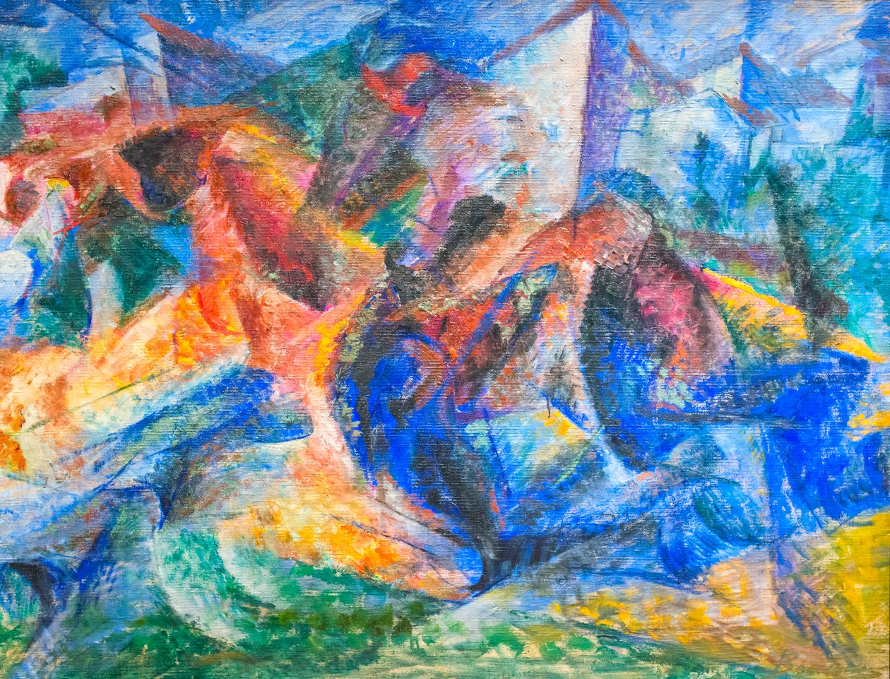 Hevonen, ratsastaja ja rakennukset tekijältä Umberto Boccioni