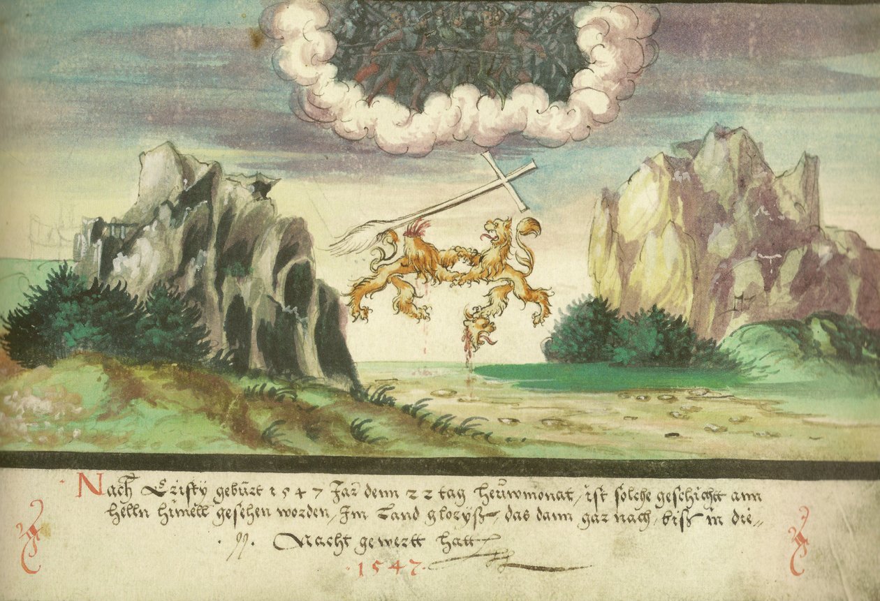Augsburger Wunderzeichenbuch- Folio 157- Himmelsschlacht, Löwen über Glarus tekijältä Unbekannt Unbekannt