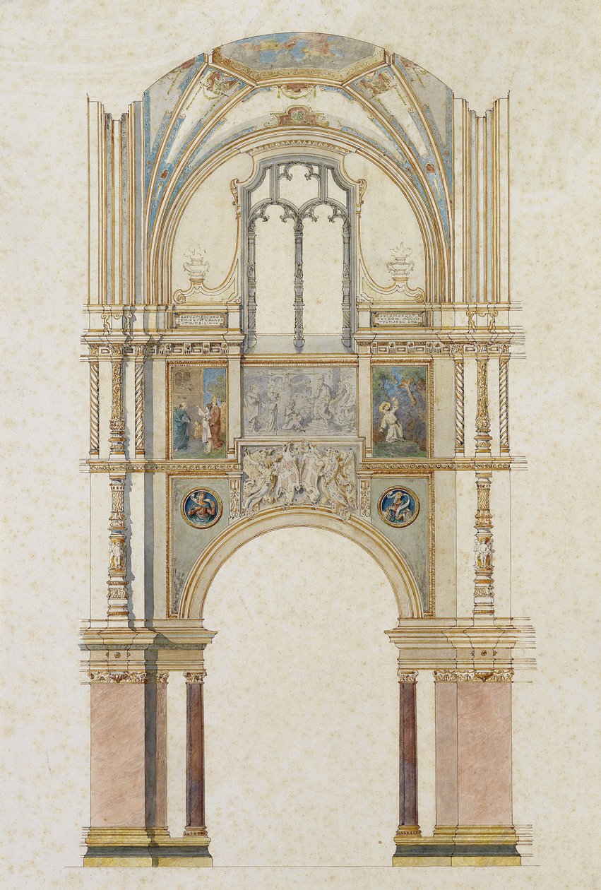 Entwurf für das Seitenjoch einer Kirche mit Fresken aus dem Leben des Hl. Franziskus, aquarellierte Federzeichnung tekijältä Unbekannt Unbekannt