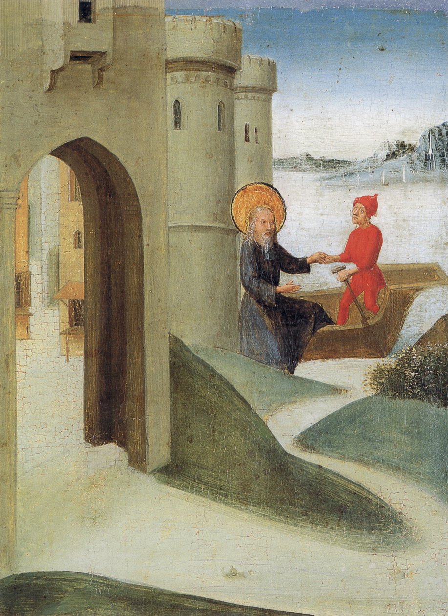 Weingartener Heilig-Blut-Tafel von 1489. Landesmuseum Württemberg, Stuttgart.   Tafel 4: Longinus verlässt Jerusalem und fährt auf einem Schiff nach Italien tekijältä Unbekannt Unbekannt