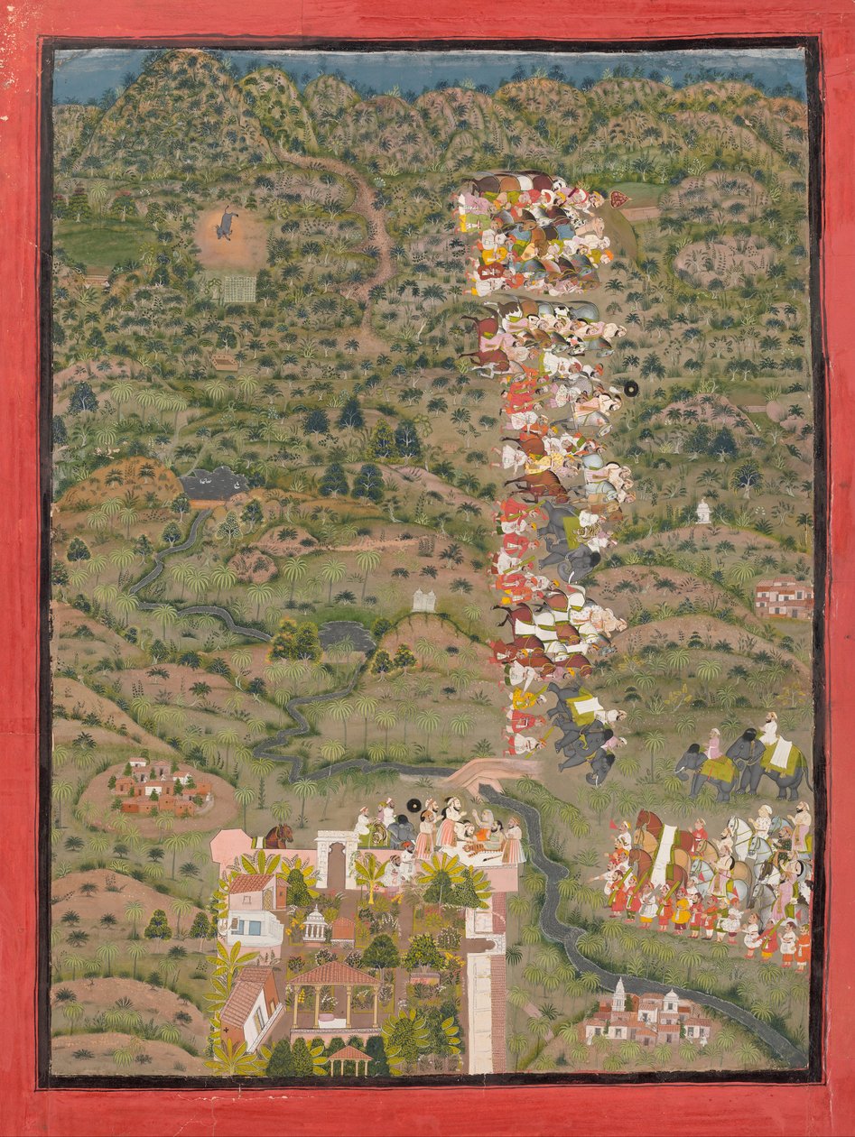 Maharana Sangram I Vieraileva Gosain Neelkanthajissa tiikerimetsästyksen jälkeen tekijältä Unbekannt Unbekannt
