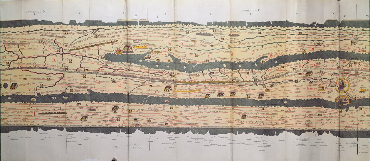 Osa Tabula Peutingerianaa (Peutinger-pöytä, Peutinger-kartta), kuvitettu reittiverkosto Rooman valtakunnan tieverkosta Yksityiskohta Italiasta Peutingerin karttakopiosta tekijältä Unbekannt Unbekannt