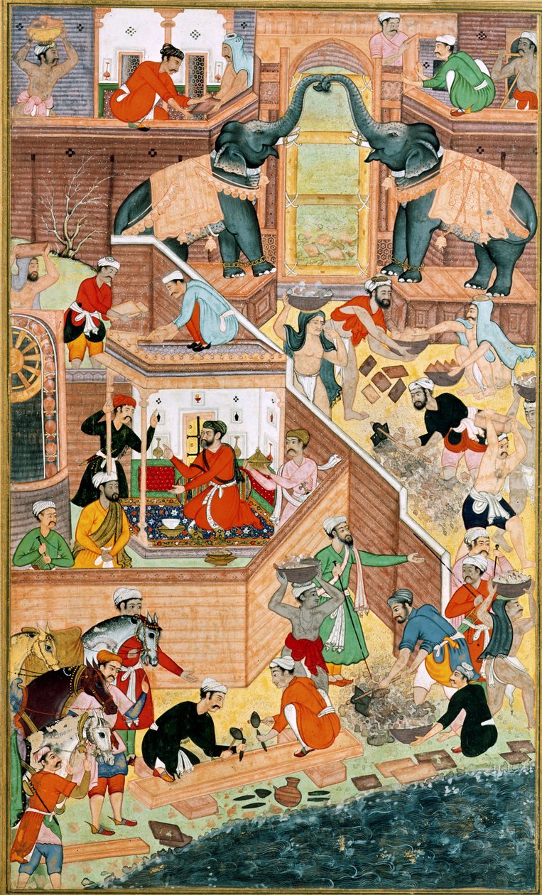 Fatehpur Sikri -palatsin rakennus, "Akbarnamasta", n. 1590, Mughal, (kuvitettu teksti) tekijältä Unbekannt Unbekannt