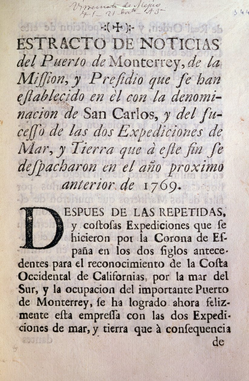 Portolan retkikunnan 1769-70 virallisen kertomuksen ensimmäinen sivu (painettu paperi) tekijältä Unbekannt Unbekannt
