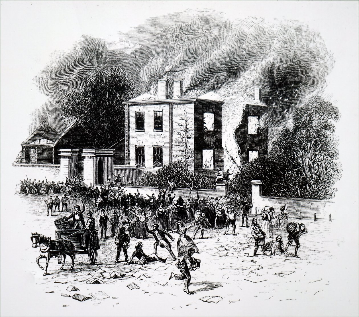 Kohtaus vuoden 1791 Birminghamin mellakoista. tekijältä Unbekannt