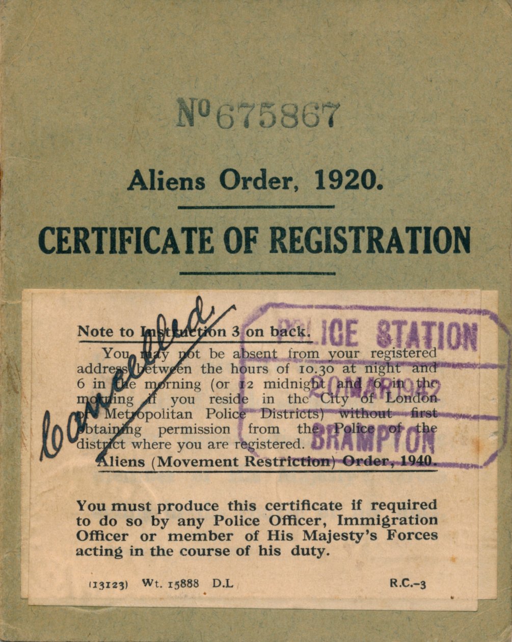 Ulkomaalaisten määräys, rekisteröintitodistus, 1920 tekijältä Unbekannt