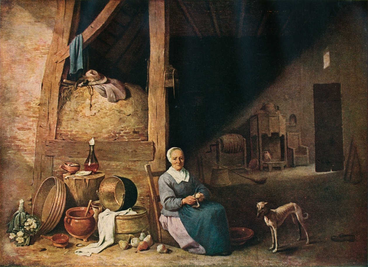 Vanha nainen kuorii päärynöitä, c1640 tekijältä Unbekannt