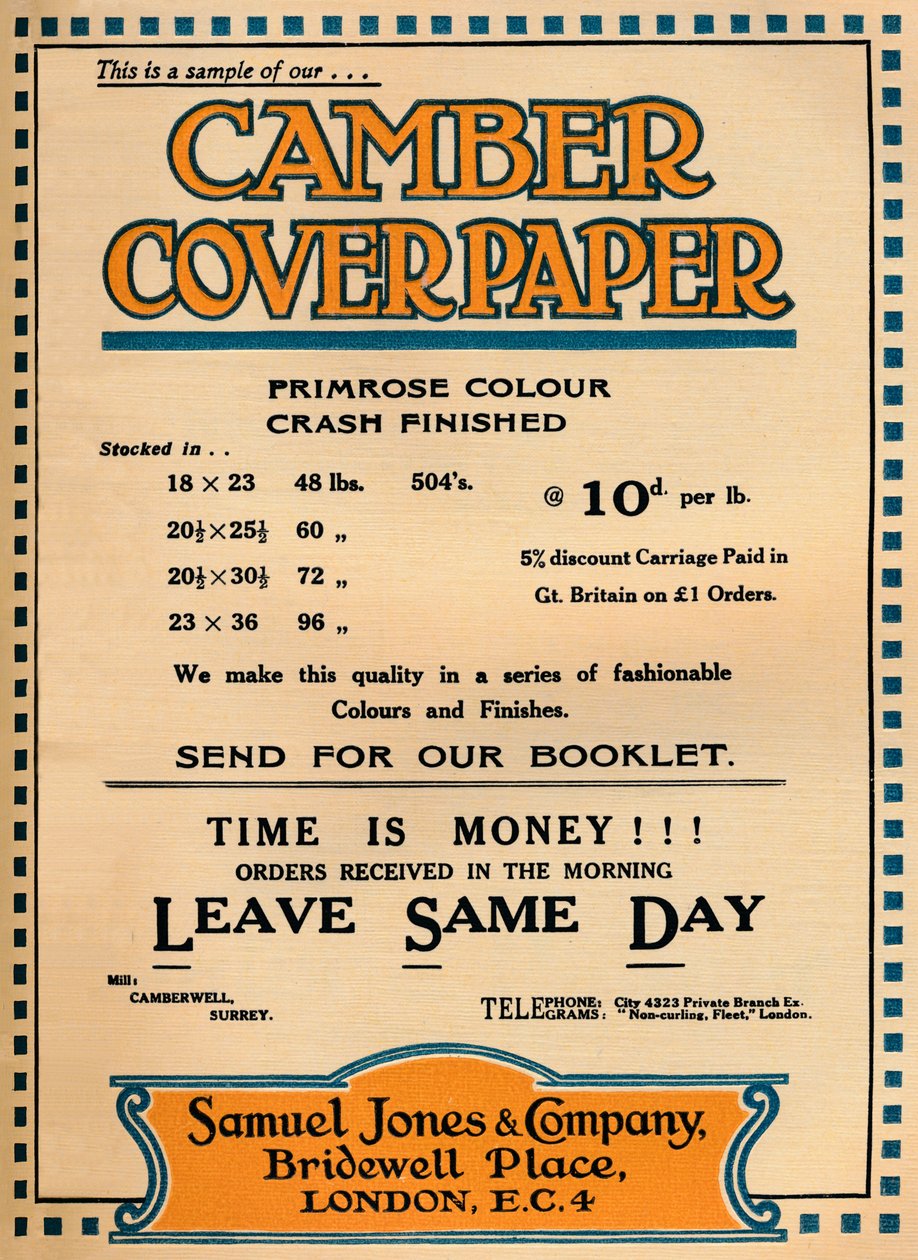 Camber Coverpaper - Samuel Jones & Companyn mainos, 1919 tekijältä Unbekannt