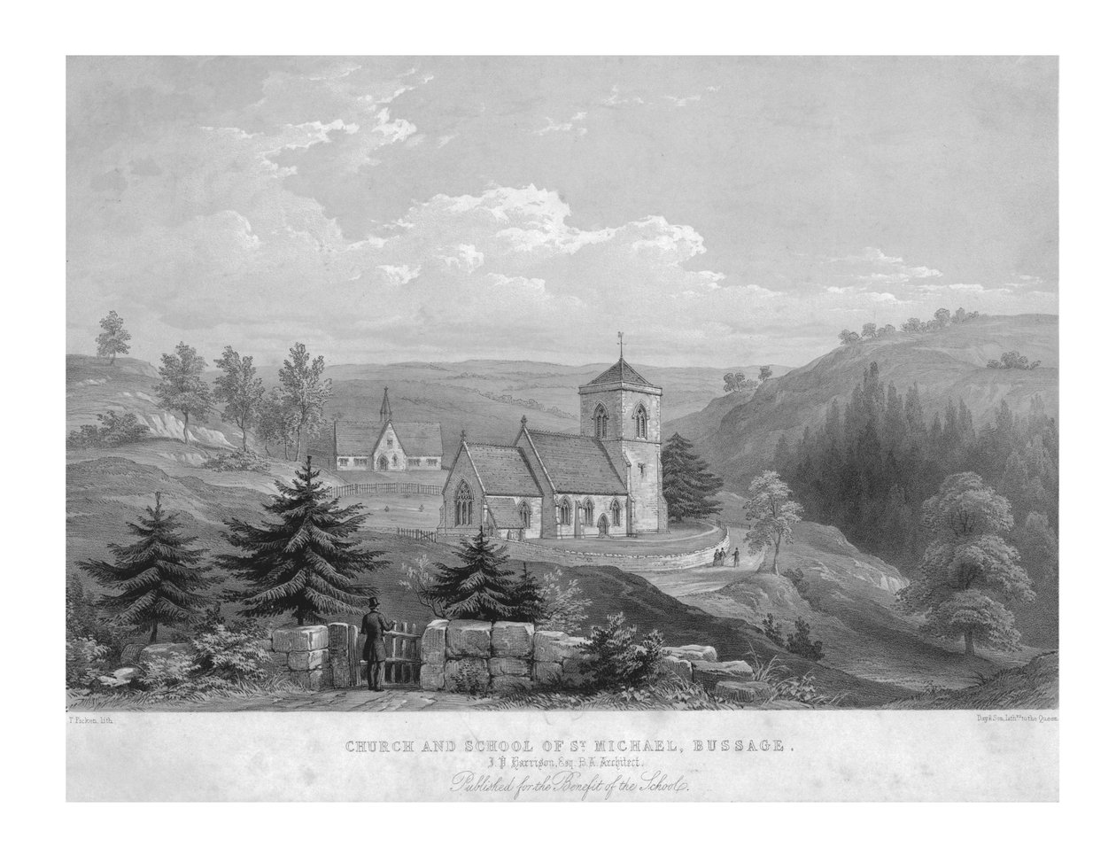 Pyhän Mikaelin kirkko ja koulu, Bussage, n. 1800. tekijältä Unbekannt