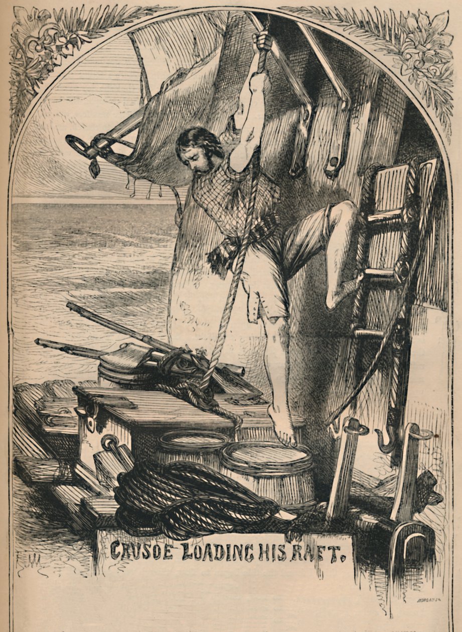 Crusoe lastaamassa lauttaansa, c1870 tekijältä Unbekannt