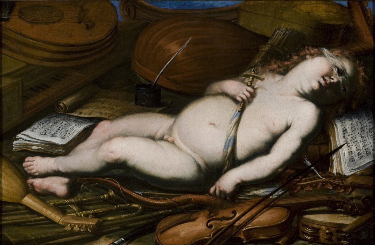 Amor soittimien joukossa, 1600-luvun puoliväli tekijältä Unbekannt